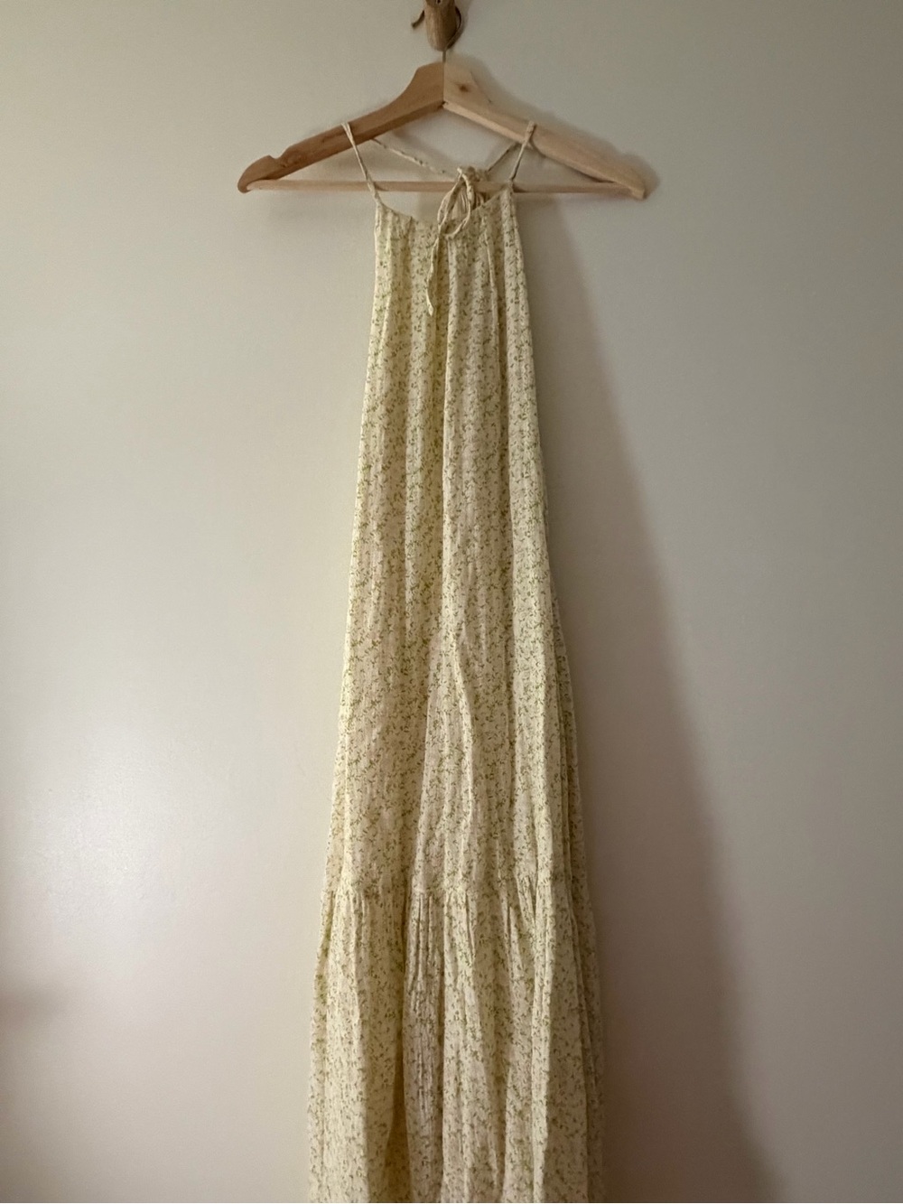 FRNCH 100% Cotton Light Yellow Floral lined Halter tied neck Maxi Dress
